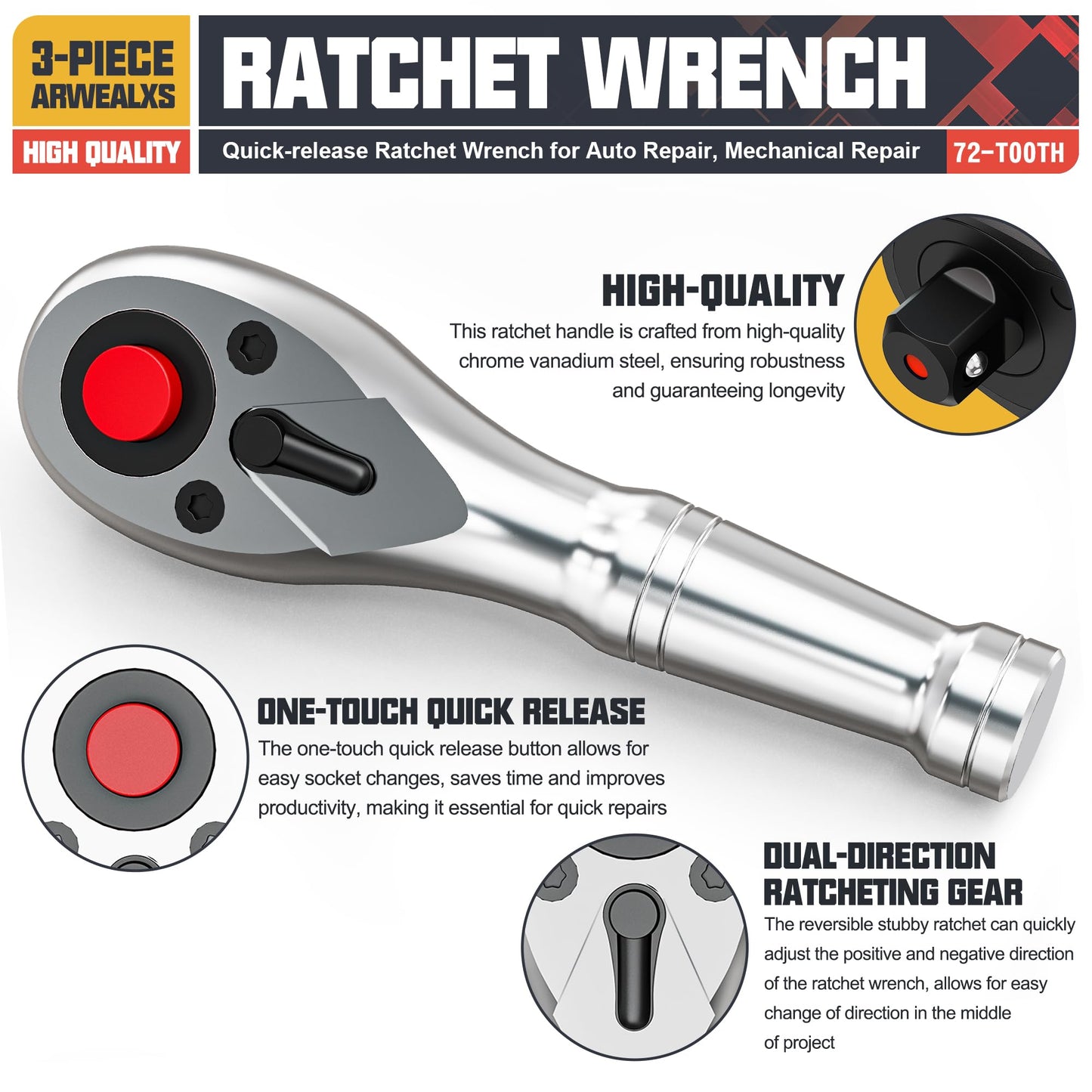 Arwealxs 3-Piece Stubby Ratchet Set, 1/4", 3/8", 1/2" Drive Ratchet Handle, 9cm, 10.5cm, 13.5cm Ratchet Wrench, 72-Tooth Quick-Release, Full Polished, for Auto Repair, Mechanical Repair