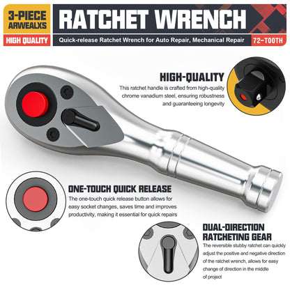 Arwealxs 3-Piece Stubby Ratchet Set, 1/4", 3/8", 1/2" Drive Ratchet Handle, 9cm, 10.5cm, 13.5cm Ratchet Wrench, 72-Tooth Quick-Release, Full Polished, for Auto Repair, Mechanical Repair