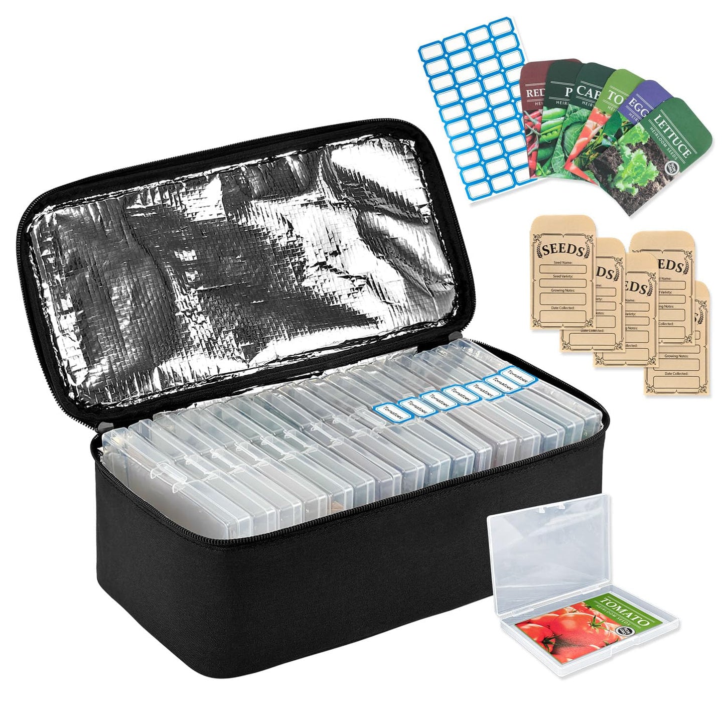 Boczif 16 Slot Seed Storage Organizer Box with Insulated Bag, Envelopes Bag and Label Stickers, Garden Seed Container for Packets, Plant, Flower, Vegetable