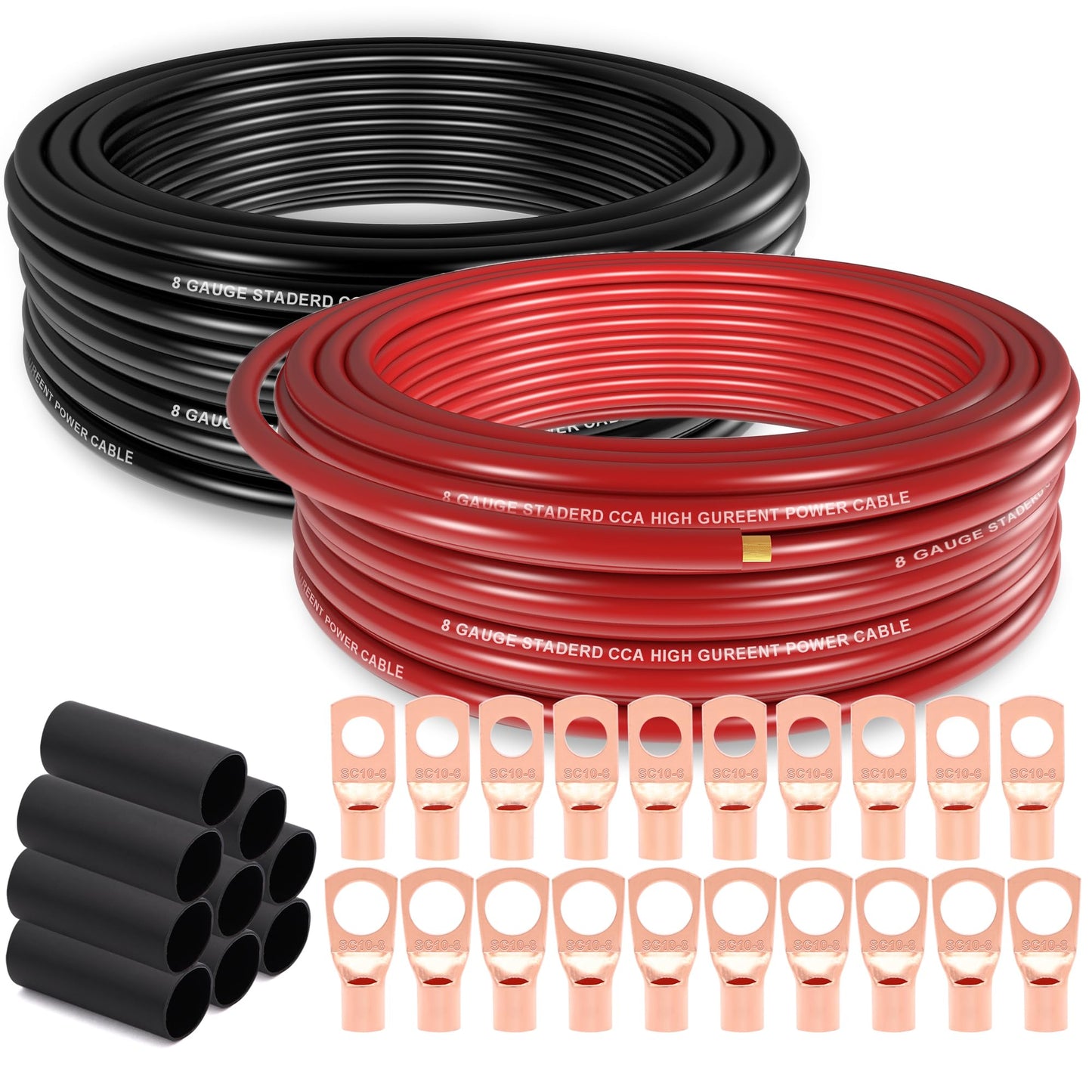8 Gauge Wire (25ft Each - Red/Black) Copper Clad Aluminum CCA with 8ga lugs and Heat Shrink Tube - Battery Power/Ground Cable,Car Audio Speaker,RV Trailer Amp Wiring kit