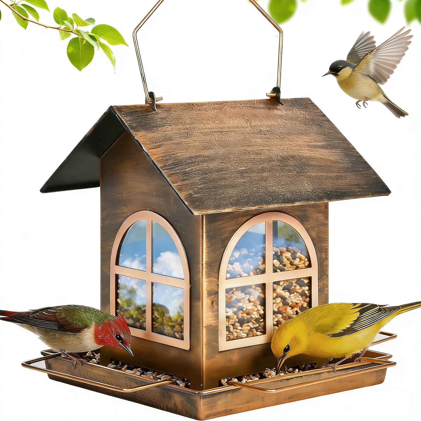 Bird Feeders Outdoor Hanging, Metal Squirrel Proof Wild Bird Feeder with Drainage Holes, Mangeoire Oiseaux Exterieur, Easy to Clean, Refill, Bronze Anti-Rust Decor for Garden