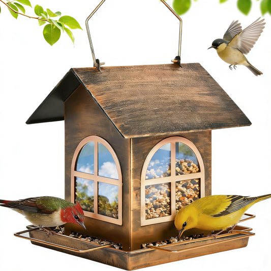 Bird Feeders Outdoor Hanging, Metal Squirrel Proof Wild Bird Feeder with Drainage Holes, Mangeoire Oiseaux Exterieur, Easy to Clean, Refill, Bronze Anti-Rust Decor for Garden