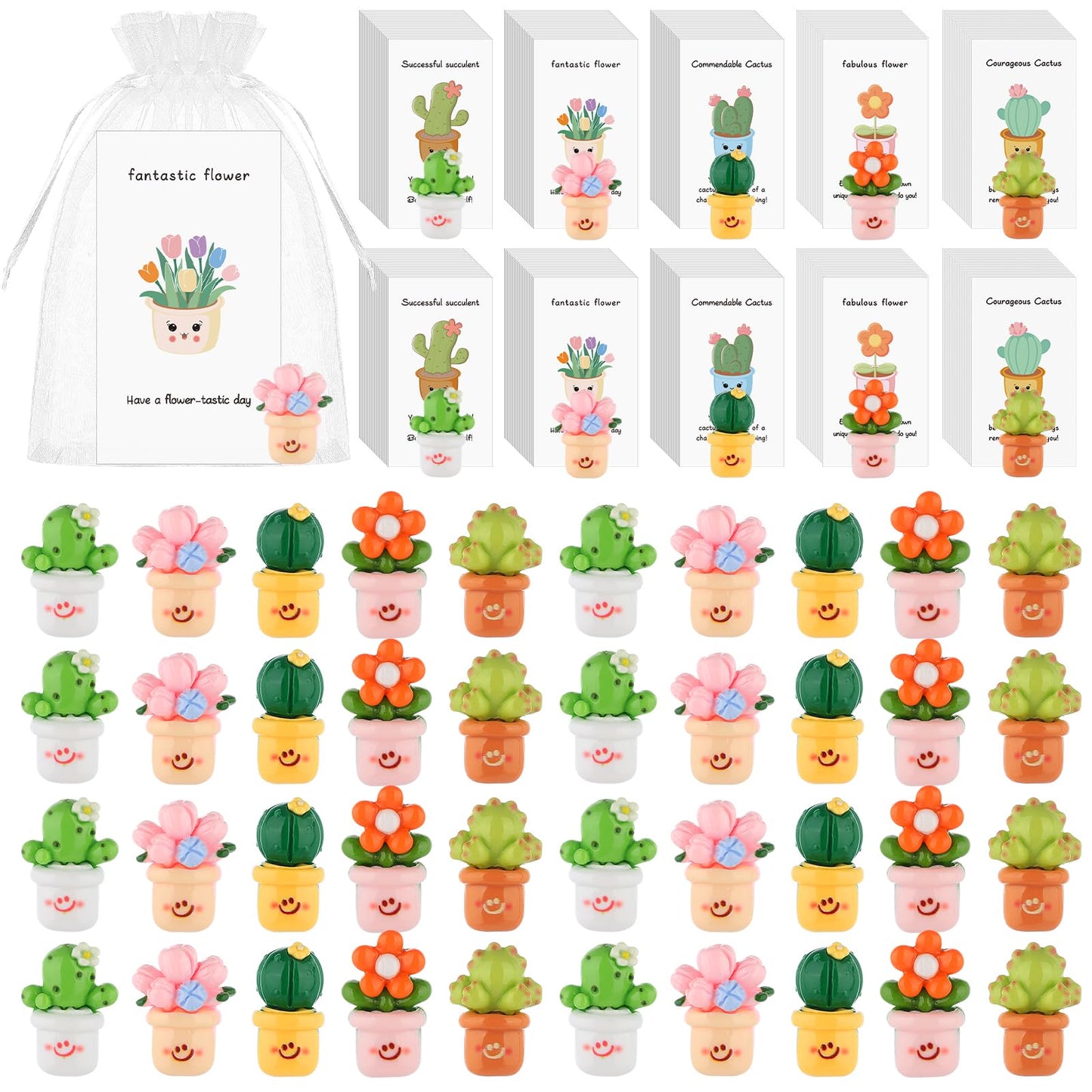 60 Sets Employee Appreciation Gifts Bulk for Coworkers Resin Flower Pot Inspirational Cards Commendable Cactus Flower Succulent Thank You Gift for Coworkers Employee Team Teacher Office Appreciation