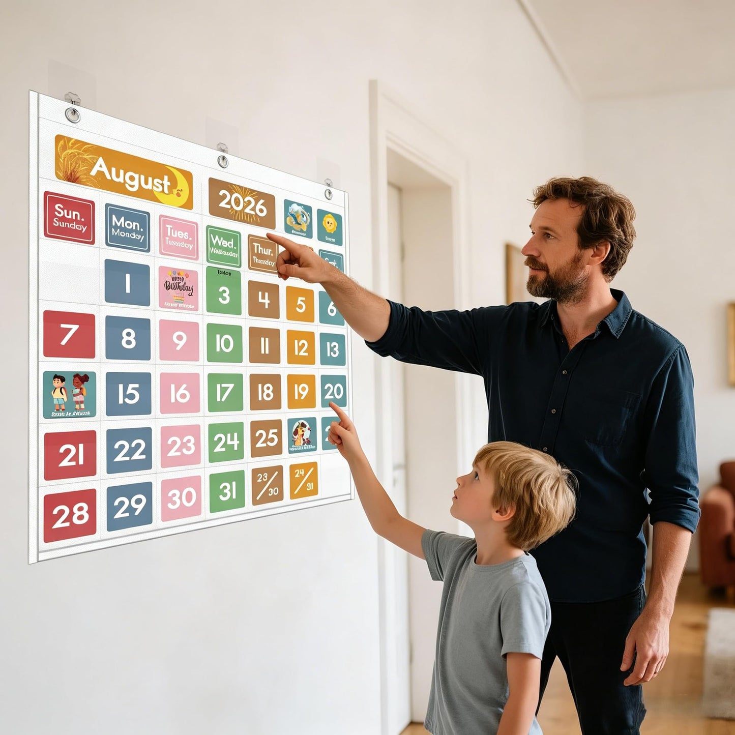 Yoink 46 Pockets Classroom Calendar Pocket Chart with 77 Cards, Daily Monthly Learning Calendar for Circle Time Weather Seasons, Preschool Kindergarten Homeschool Must Have, Teacher Supplies (White)
