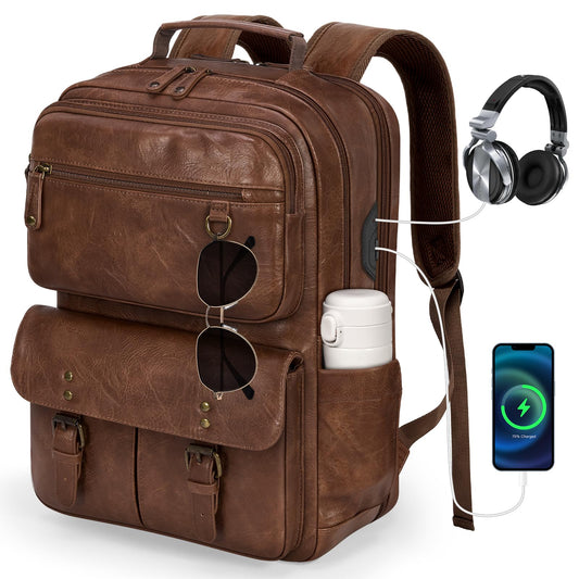 15.6 Inch Travel Laptop Backpack for Men Women, TSA Friendly Waterproof Business Computer Bag with USB Charging Port & Headphone Jack, Vintage PU Leather College School Bookbag for Work
