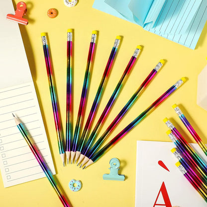 96 Pieces Rainbow Color Pencils Colorful Wood Pencils Rainbow Pencils Bright Tie Dye Round Pencils with Eraser Top Pencil Fun Pencil for Home Office School Classroom Rainbow Party Favors