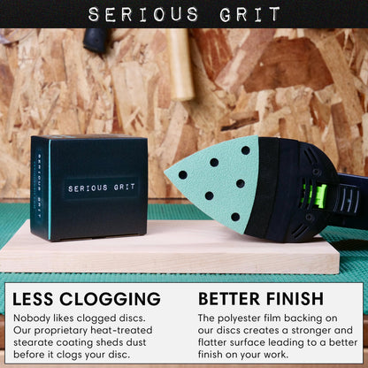 Serious Grit - 3.5" (93mm) 6-Hole 220 Grit Triangle Sanding Sheets - Fits Festool Rotex RO 90 Delta - Heavy-Duty Hook & Loop Film Disc Abrasives - Sandpaper for Detail Sanders - 50 Pack Box