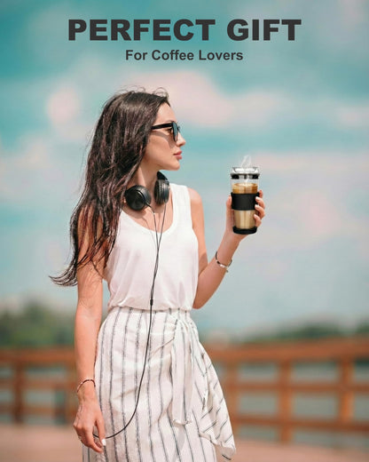 400ml Glass Travel Mug with Full Glass Lid - Double Wall Insulated Coffee Cup - Non-Slip Silicone Sleeve for Car, Commute - Reusable Tea Tumbler (Plastic-Free)