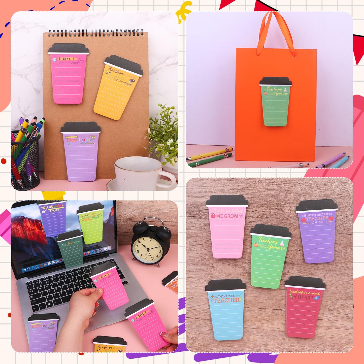 Youdaju 36 Pcs Thank You Coffee Cup Notepads Teacher Inspirational Sticky Notes Motivational Sticky Notes Writing Memo Pad with Pen Organza Bag for Teacher Team Staff Employee Appreciation Gift