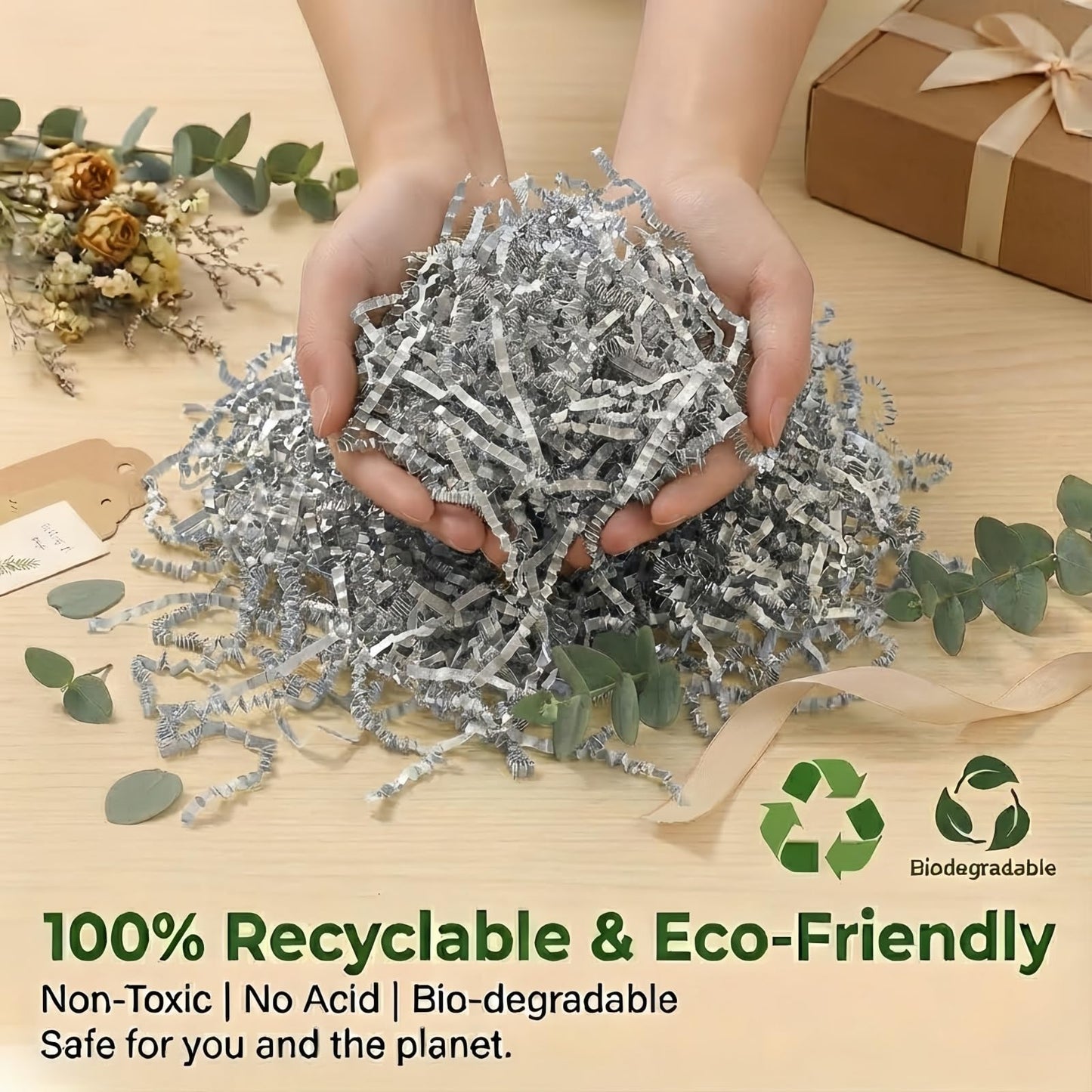 1LB (455g) Double Sided Silver Shredded Tissue Paper for Packing Gift Boxes - Premium Crinkle Cut Baskets Filler Shredded Paper, Recyclable Hamper Fillers for Packaging, Crafting & Gifting