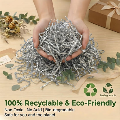 1LB (455g) Double Sided Silver Shredded Tissue Paper for Packing Gift Boxes - Premium Crinkle Cut Baskets Filler Shredded Paper, Recyclable Hamper Fillers for Packaging, Crafting & Gifting