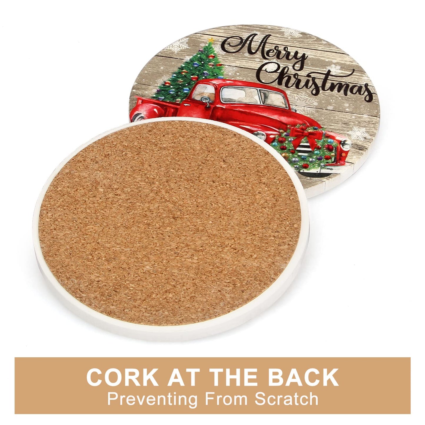 6 Pcs Red Truck Christmas Coasters with Holder Best Absorbent Ceramic Coasters Set Round Vintage Drink Christmas Coasters Gift Xmas Holiday Coffee Cup Coasters Cool Cup Coaster Table Coasters