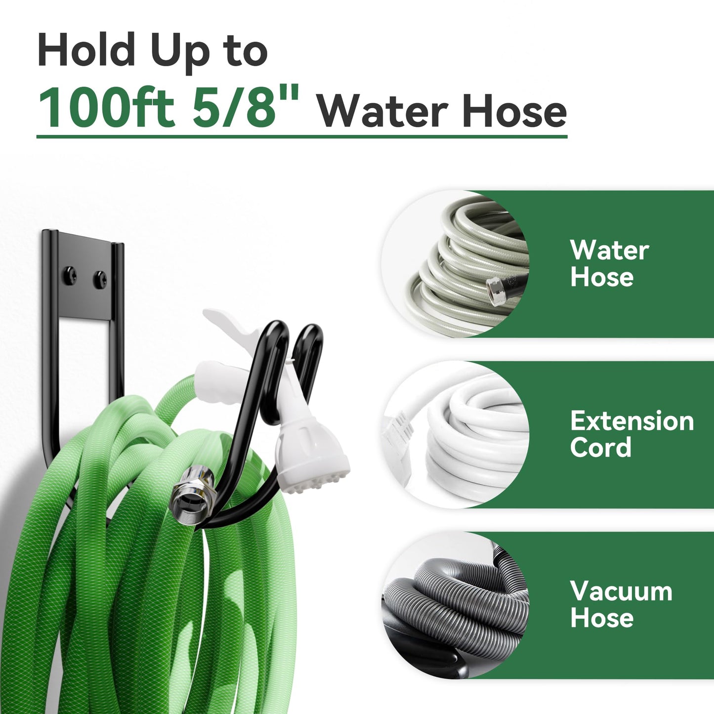 Black Metal Garden Hose Holder - Wall Mounted Water Hose Holder - Hose Hanger Heavy Duty for Water Hose Extension Cords Vacuum Hose