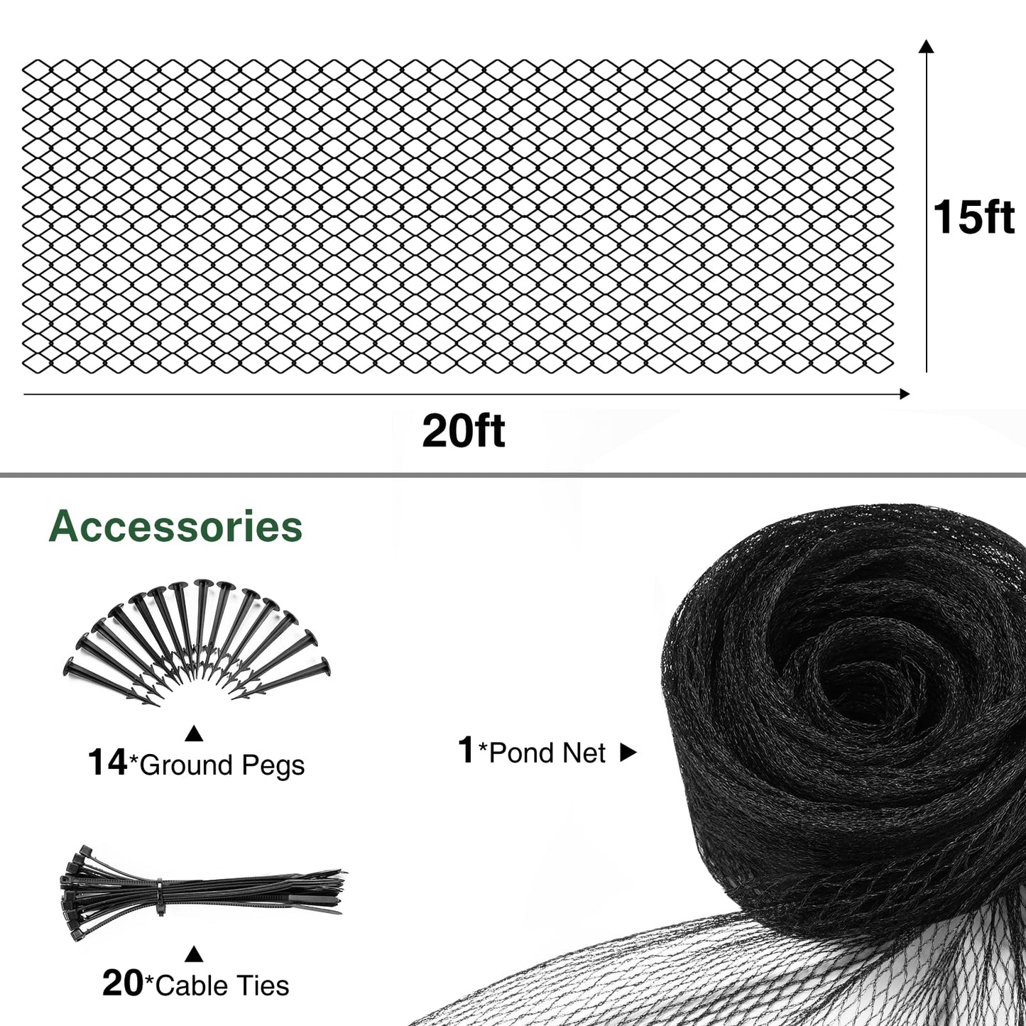 Pond Netting Cover for Leaves, 15 x 20 Koi Pond Net Cover, Durable & Sturdy Pond Netting for Koi Ponds, Protect Koi Fish Against Herons, Raccoons, Cats & Predators, 14pcs Stakes Included