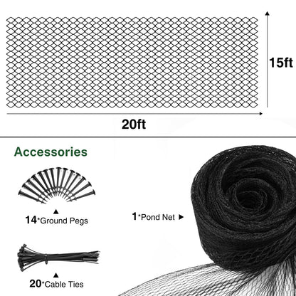 Pond Netting Cover for Leaves, 15 x 20 Koi Pond Net Cover, Durable & Sturdy Pond Netting for Koi Ponds, Protect Koi Fish Against Herons, Raccoons, Cats & Predators, 14pcs Stakes Included