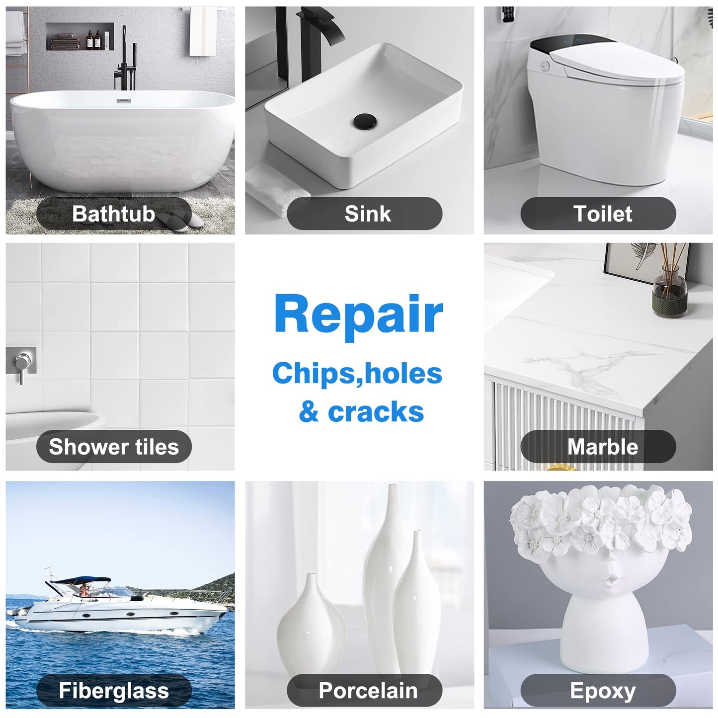 Porcelain Repair Kit (Color Match), Bathtub Repair Kit White, Tub Repair Kit White, 3.7oz Fiberglass Repair Kit for Porcelain Ceramic Enamel Acrylic, Tub Tile Sink and Shower Chip Crack Repair Kit