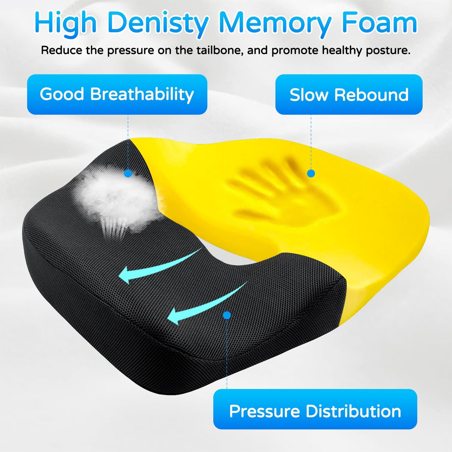 Seat Cushion for Long Sitting - Memory Foam Chair Pad Cushion for Tailbone, and Low Back Pain Relief - Non-Slip Seat Cushions for Office Chairs Wheelchair Car Seats,Black