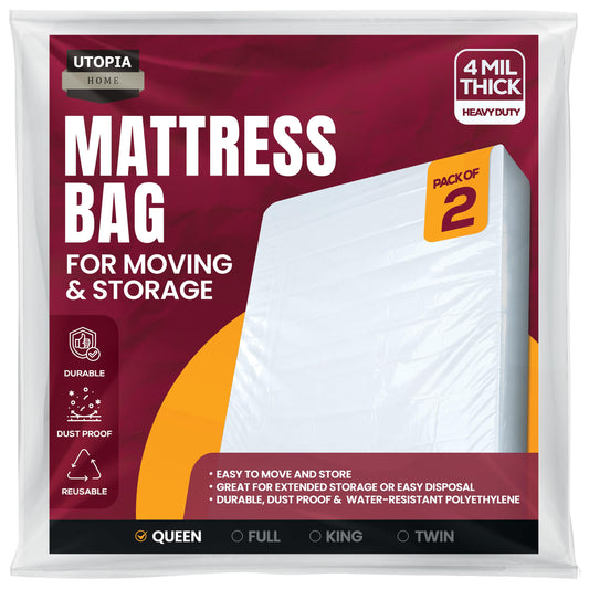 Utopia Home Mattress Bag for Moving Queen Size Heavy Duty 4 Mil (Pack of 2) Mattress Storage Bag, Plastic Mattress Encasement Cover, Fits Mattresses up to 14 Inches