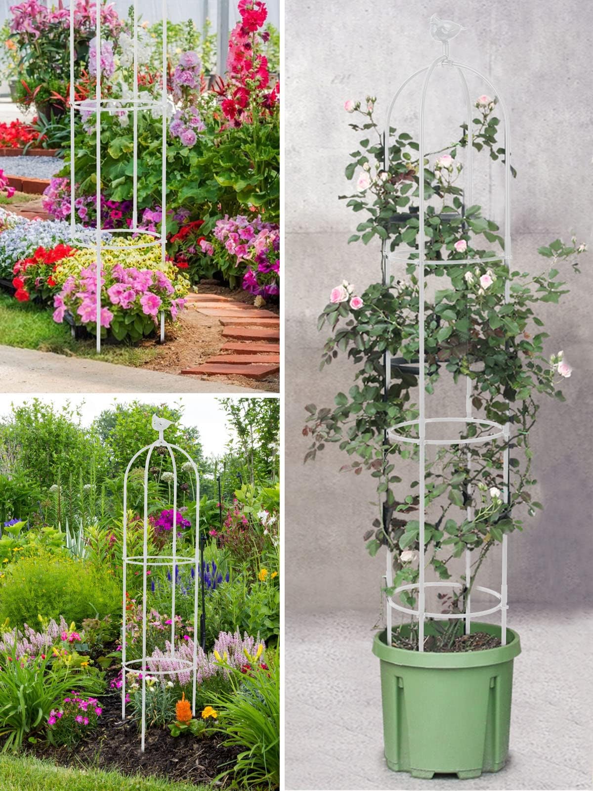 6 Feet Tall Garden Trellis for Climbing Plants Kalolary Garden Tower Obelisk Trellises Rustproof Metal Potted Plant Climbing Support for Indoor Outdoor Flowers Vegetable Fruits Vines Support (White)