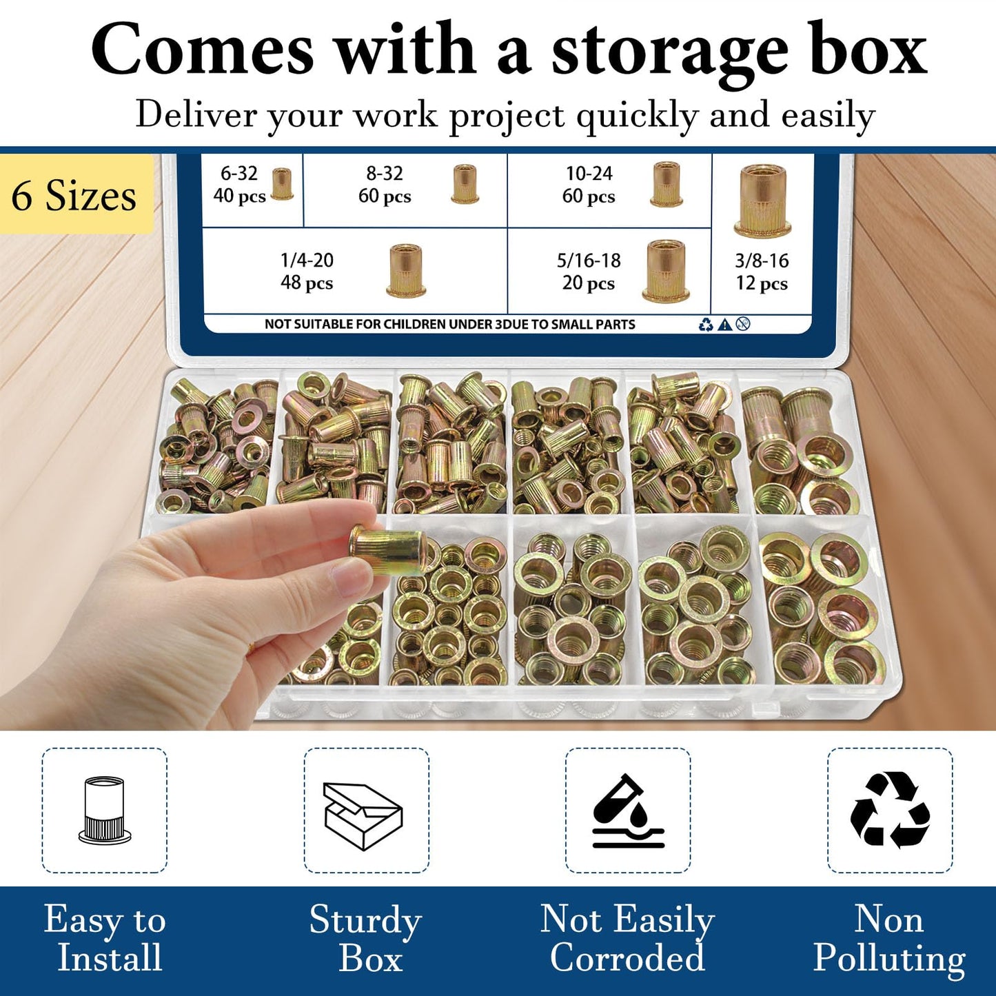 Vifmy SAE Rivet Nut Assortment Kit(240Pcs),#6-32#8-32#10-24 1/4"-20 5/16"-18 3/8"-16 UNC Rivnut Threaded Insert Nut Set,Zinc Plated Finish Carbon Steel Nutsert