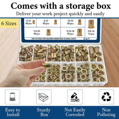 Vifmy SAE Rivet Nut Assortment Kit(240Pcs),#6-32#8-32#10-24 1/4"-20 5/16"-18 3/8"-16 UNC Rivnut Threaded Insert Nut Set,Zinc Plated Finish Carbon Steel Nutsert