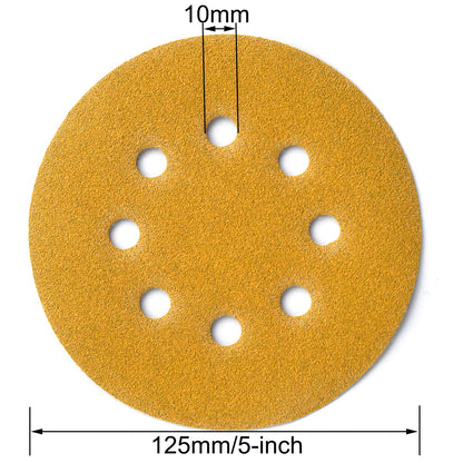Aiyard 5-Inch 8-Hole Hook and Loop Sanding Discs, 60/80/120/150/220/320/400 Assorted Grits Gold Sanding Disc for Random Orbital Sander, 105-Pack