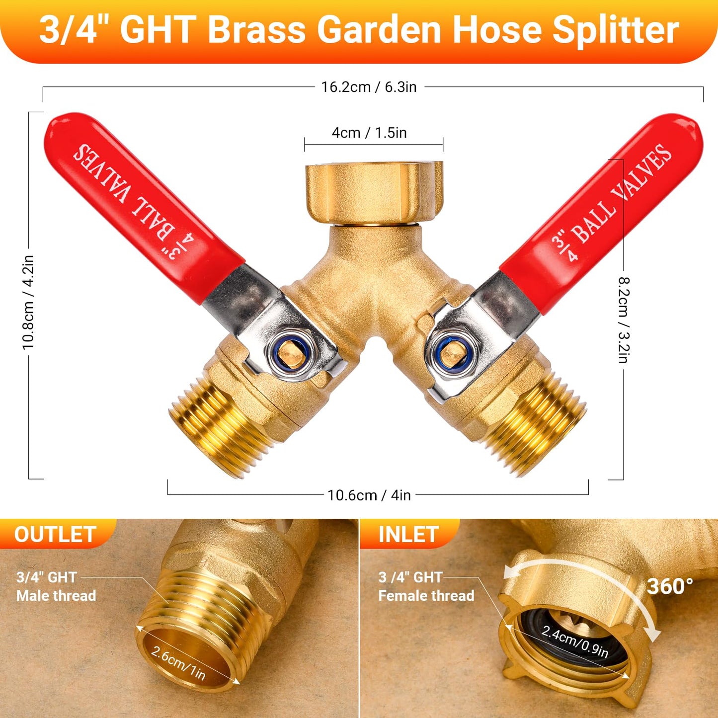 XIBETEO Heavy Duty Brass Garden Hose Splitter 2 Way with Stainless Steel Long Handle 3/4" GHT Thread Hose Y Valve Garden Hose Connector with Seal Tape and Washers