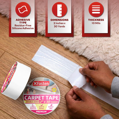 XFasten Double Sided Carpet Tape for Area Rugs 2 Inch x 30 Yards, Residue-Free Carpet Tiles Tape, Removable Heavy-Duty Rug Pad Gripper for Hardwood, Vinyl Flooring Underlayments, Laminate- Wood-Safe