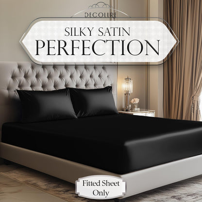 DECOLURE Satin Fitted Sheet Queen Size (1 PC) – Luxuriously Smooth & Softer Than Silk Bed Sheets w/ 15 Inch Deep Pocket Hypoallergenic Wrinkle Free, Secure Snug Fit, Elastic Corner Straps (Black)
