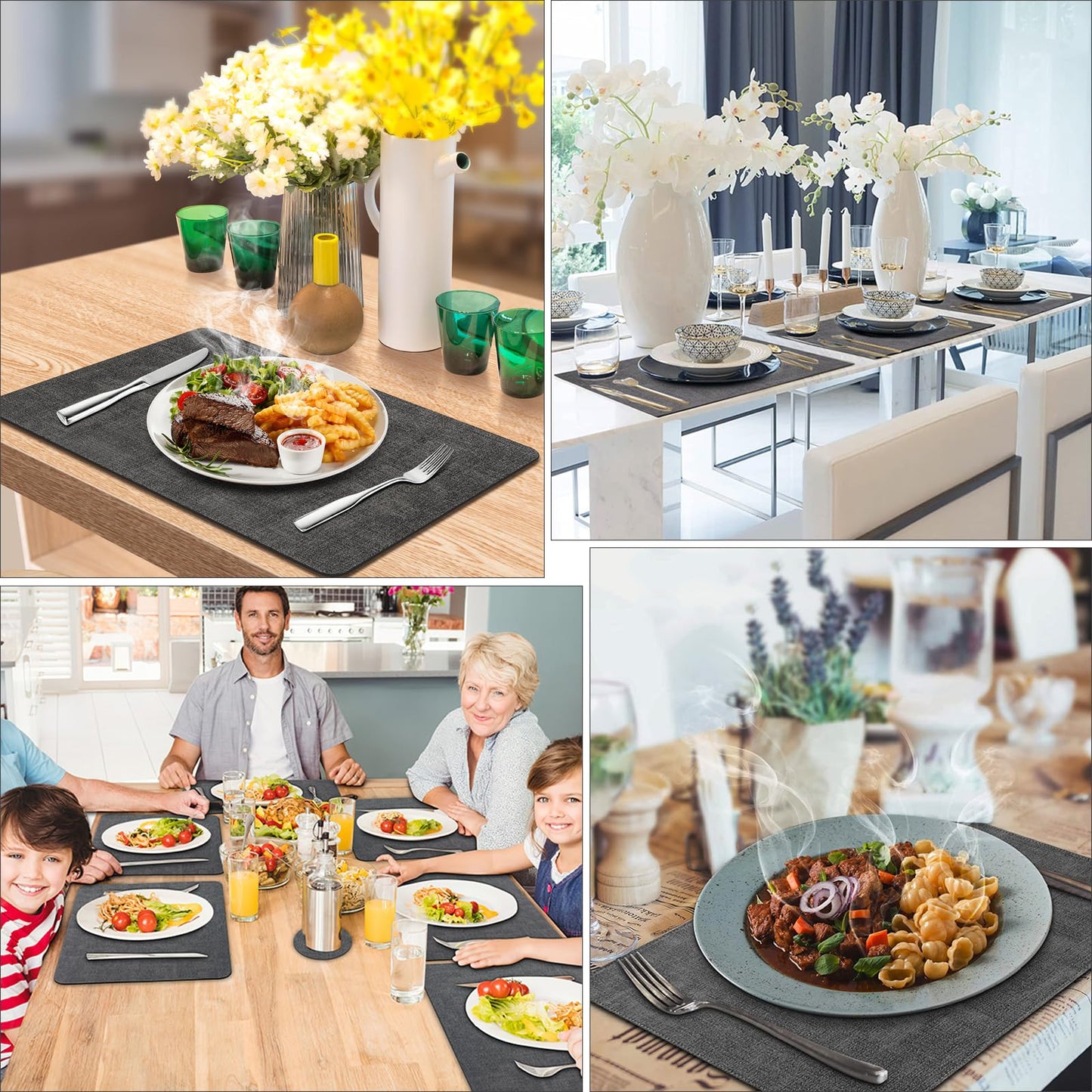 BIPASION Placemats, Faux Leather Heat Resistant Placemats for Dining Table Set of 6, Waterproof Wipeable Washable Place Mats, Easy to Clean Non-Slip Table Mats, 11.8" x 17", Black