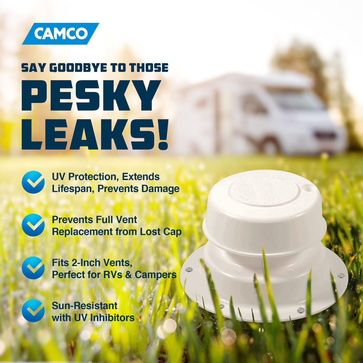 Camco Replace-All Plumbing Vent Cap with Spring Attachment - Replaces Lost or Damaged RV Plumbing Vent Caps | Fits Up to 2 inch Plumbing Vent Pipe - White (40034)