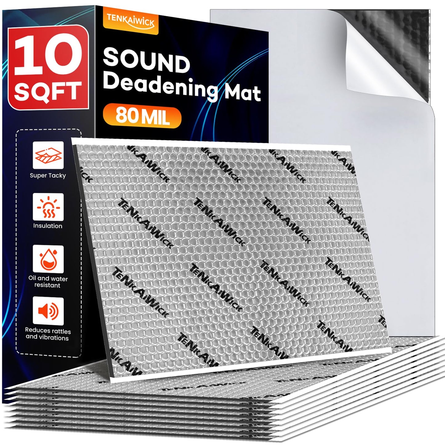 10 sqft (0.95 sqm) Car Sound Deadening Mat 80 mil , 10 Pack Sound Deadener for Vehicles , Butyl Automotive Sound Deadener, Noise Insulation and dampening Mat
