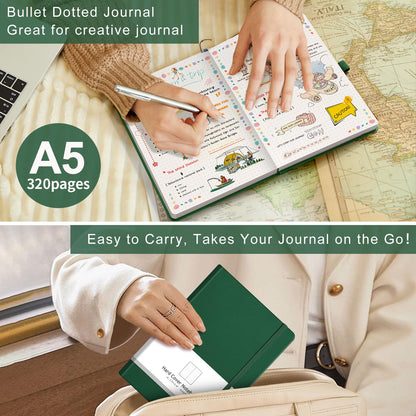 AHGXG Dotted Journal, 320 Numbered Pages Dot Grid Notebook A5 Thick Journal, 100gsm Thick Dotted Paper, Leather Hardcover, Inner Pocket, 5.7"×8.3" - Green