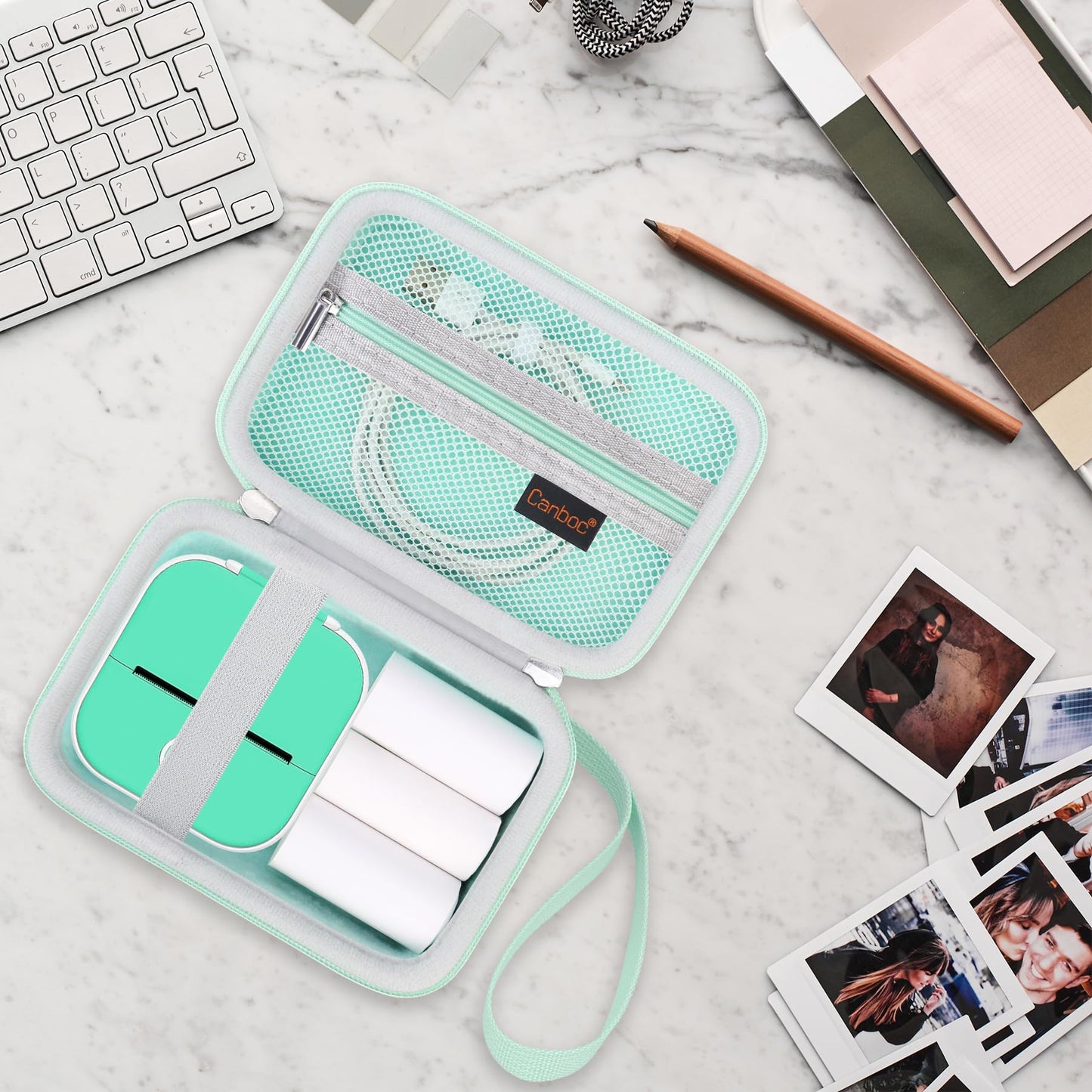 Canboc Carrying Case for Memoking/Zoolion/Phomemo/PokeLabel/Memoqueen T02 Mini Printer Sticker Printer, T02 M02 Portable Thermal Printer Box for Thermal Paper, USB Cable, Green (Case Only)
