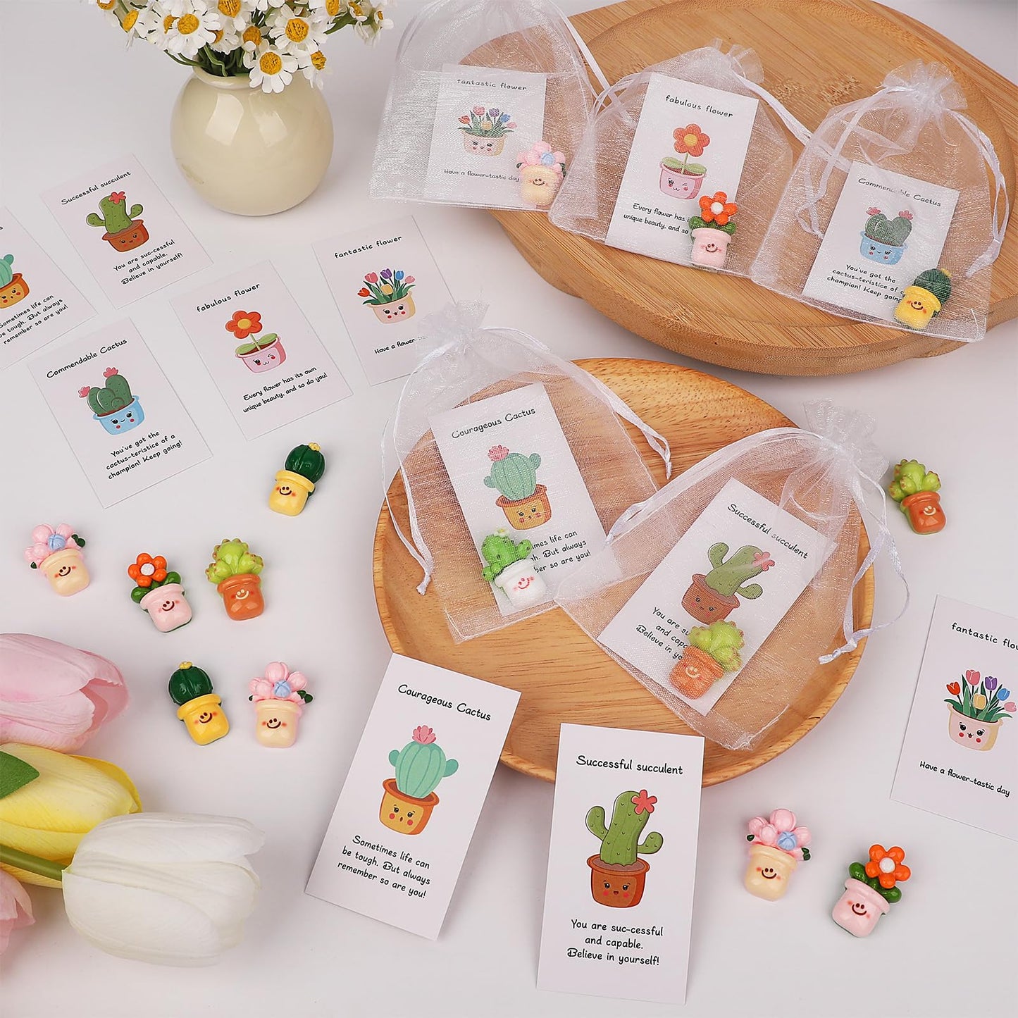 60 Sets Employee Appreciation Gifts Bulk for Coworkers Resin Flower Pot Inspirational Cards Commendable Cactus Flower Succulent Thank You Gift for Coworkers Employee Team Teacher Office Appreciation