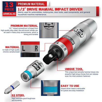 Arwealxs 13 Piece 1/2" Drive Manual Impact Driver, Reversible Hand Impact Screwdriver Set with Slotted, Hex, Phillips Bit Kit, for Tighten and Rusted Fasteners or Frozen Bolts, with Storage Case