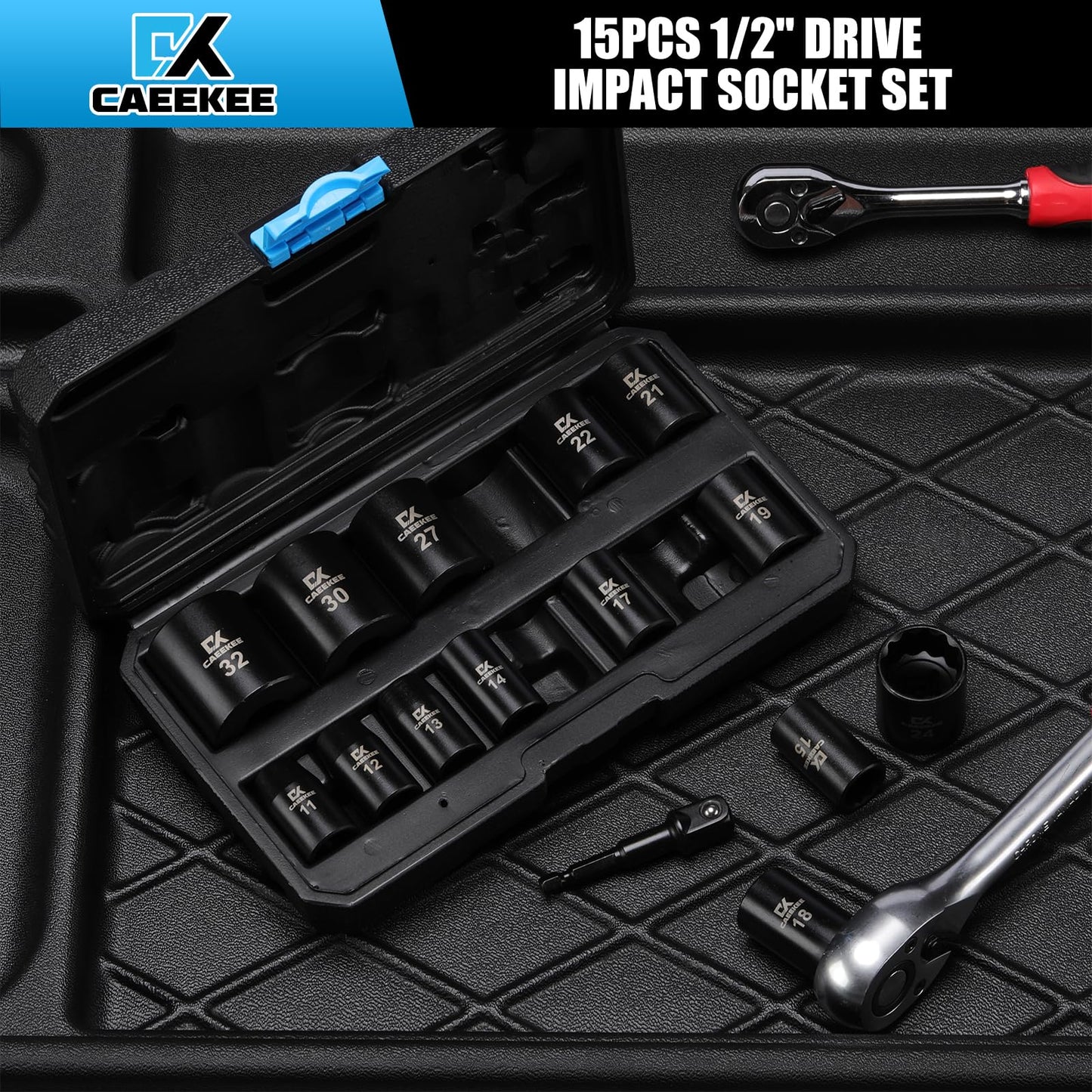 CaeeKee 15PCS 1/2" Drive Shallow 12-Point Impact Socket Set, Metric(11mm - 32mm), Cr-V Steel, Includes Drill Socket Adapter