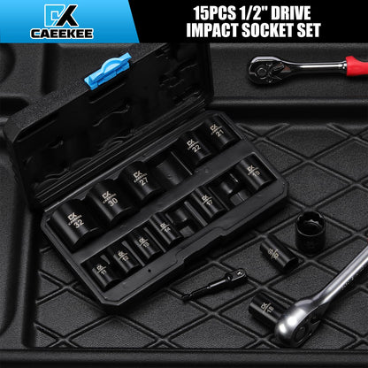 CaeeKee 15PCS 1/2" Drive Shallow 12-Point Impact Socket Set, Metric(11mm - 32mm), Cr-V Steel, Includes Drill Socket Adapter