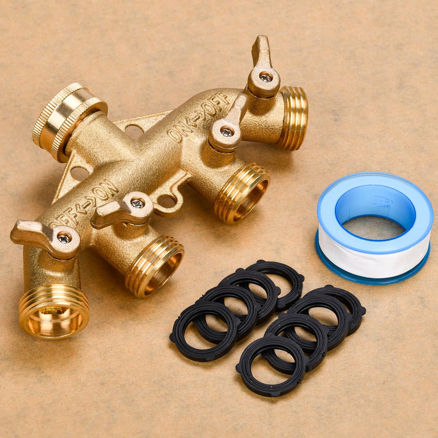 XIBETEO 4 Way Garden Hose Splitter 3/4" GHT Heavy Duty Solid Brass Garden Hose Splitter Hose Spigot Adapter with 4 independently Controlled valves 8 Washers for Garden, Home Life, Household Use