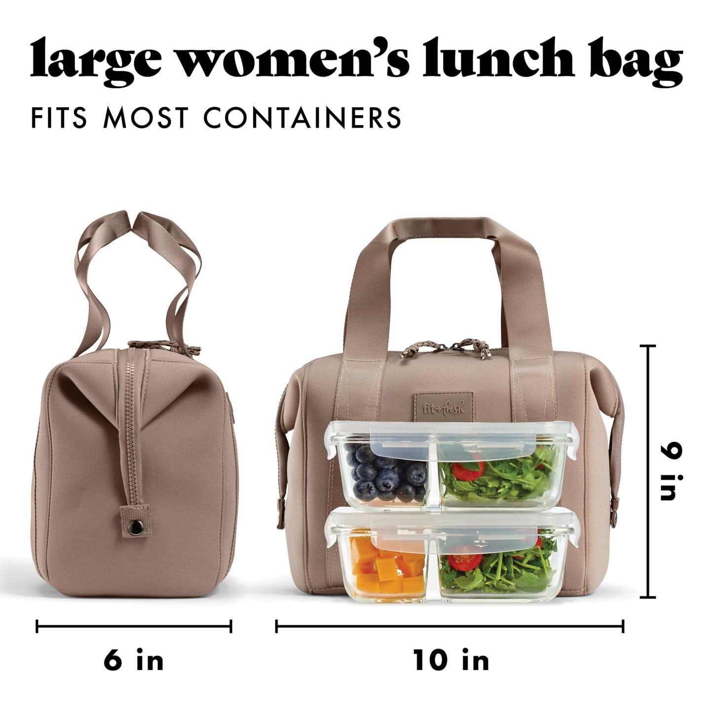 Fit & Fresh Neoprene Lunch Bag for Women, Insulated Womens Lunch Bag for Work, Tear & Stain Resistant Large Lunch Box for Women with Containers and Ice, Machine Washable Remi Lunch Bag, Taupe