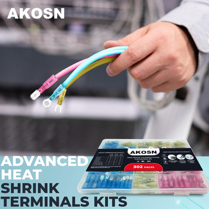 302 Pcs Electrical Crimp Wire Terminal Connectors Kit, Heat Shrink Connectors, Waterproof, Perfect for Marine, Automotive - Ring, Fork, Quick Connect & Disconnect, Spade Terminals, AWG 22-10 Gauge