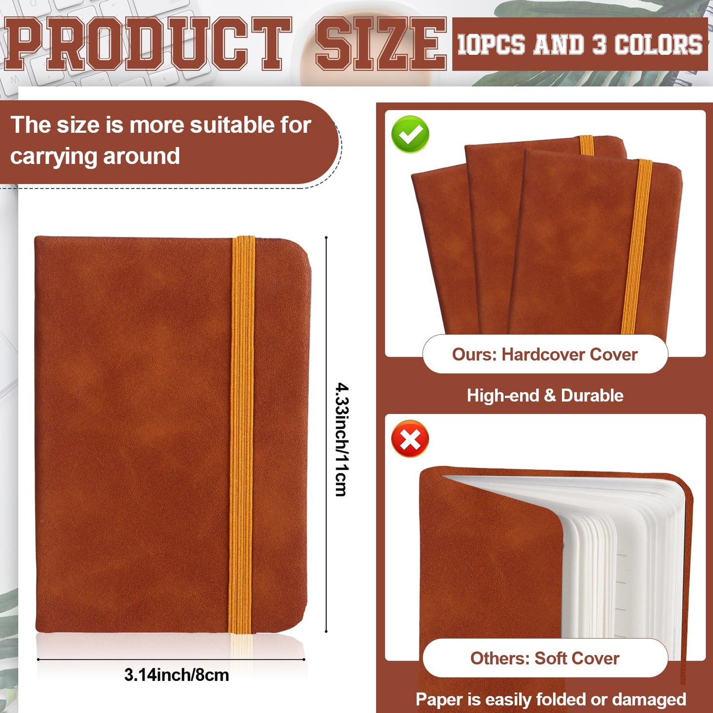 10 Pcs Leather Pocket Notebook A7 Note Book Pocket Hardcover Notepad 3 x 4 Inch Mini Notepad Tiny Lined Journal Notebook With Elastic Band 200 Pages for Office Home School Writing Supplies (Brown)
