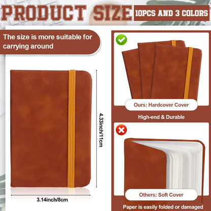 10 Pcs Leather Pocket Notebook A7 Note Book Pocket Hardcover Notepad 3 x 4 Inch Mini Notepad Tiny Lined Journal Notebook With Elastic Band 200 Pages for Office Home School Writing Supplies (Brown)
