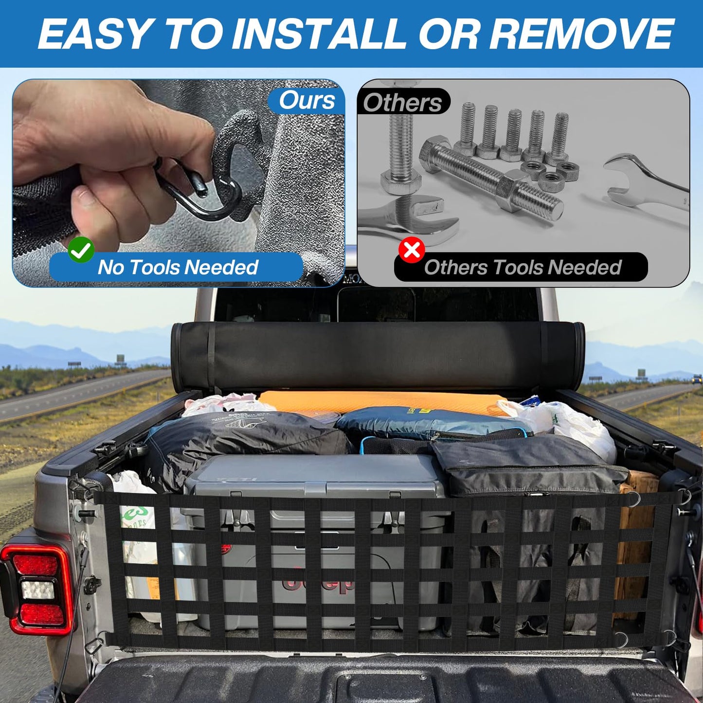60" x 18" Cargo Net for Truck Bed with 2 Adjustable Ropes, Tailgate Net for Full-Size Truck, Easy-to-use Cargo Net
