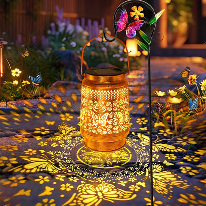 Solar Lanterns Outdoor Hanging Lantern Lights with Shepherd Hook, Gardening Gifts for Mom Grandma Women Butterfly Metal Decor Lantern Waterproof Solar Lights LED Decorative for Garden Yard Patio