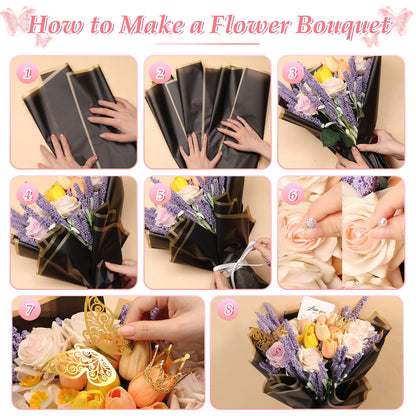 311 PCS Flower Wrapping Paper Bouquet Kit, 30 Sheets Waterproof Floral Wrapping Paper With Ribbons, Flower Pearl Pins, Bamboo Skewers, 3D Butterflies Crowns for Florist Craft Mother's Day Birthday