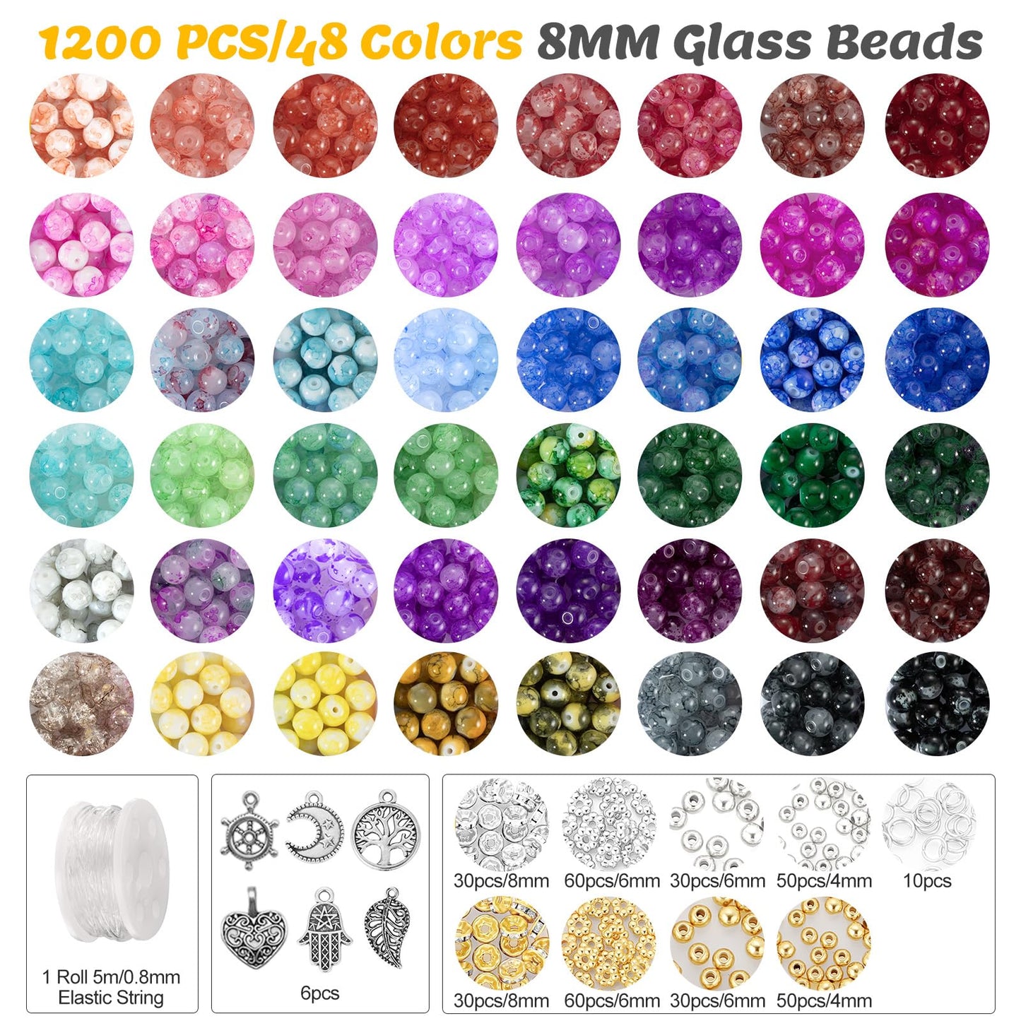 Zefy 48 Colors 8mm Glass Beads Bracelet Making Kit, 1556pcs Ink Patterns Crystal Beads for Jewelry Making and DIY Crafts, Round Beads for Friendship Bracelets with Spacer Beads and Charms