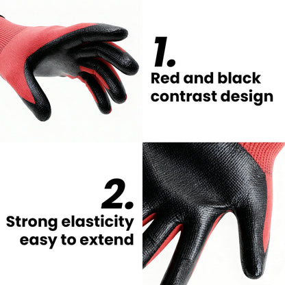 24 Pairs Gardening Gloves for Men Women, Rubber Coated Safety Work Gloves Bulk, Breathable Large Garden Construction Gloves for Weeding, Digging, Pruning, Construction, Black and Red