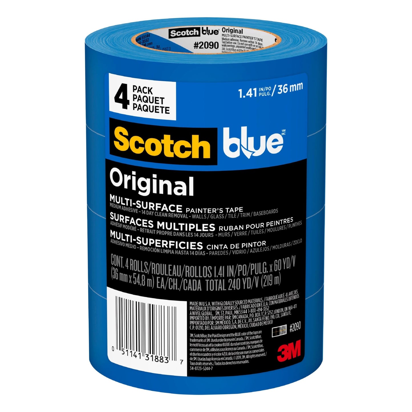 Scotch Painter’s Tape ScotchBlue Original Painter's Tape, Multi-Surface, 36 mm (4 Rolls) - 2090-1.41 Inch X 60 Yards, Blue (2090-36EP4)