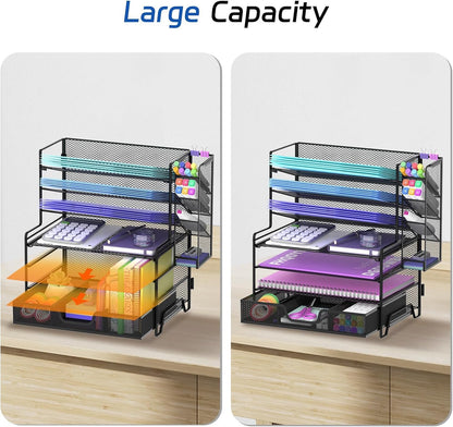 Reeplan 4 Tier Paper Organizer with File Holder and Pen Holder, 7 Tier Desk File Organizer, Desk Organizers and Accessories for Office Home School, Black